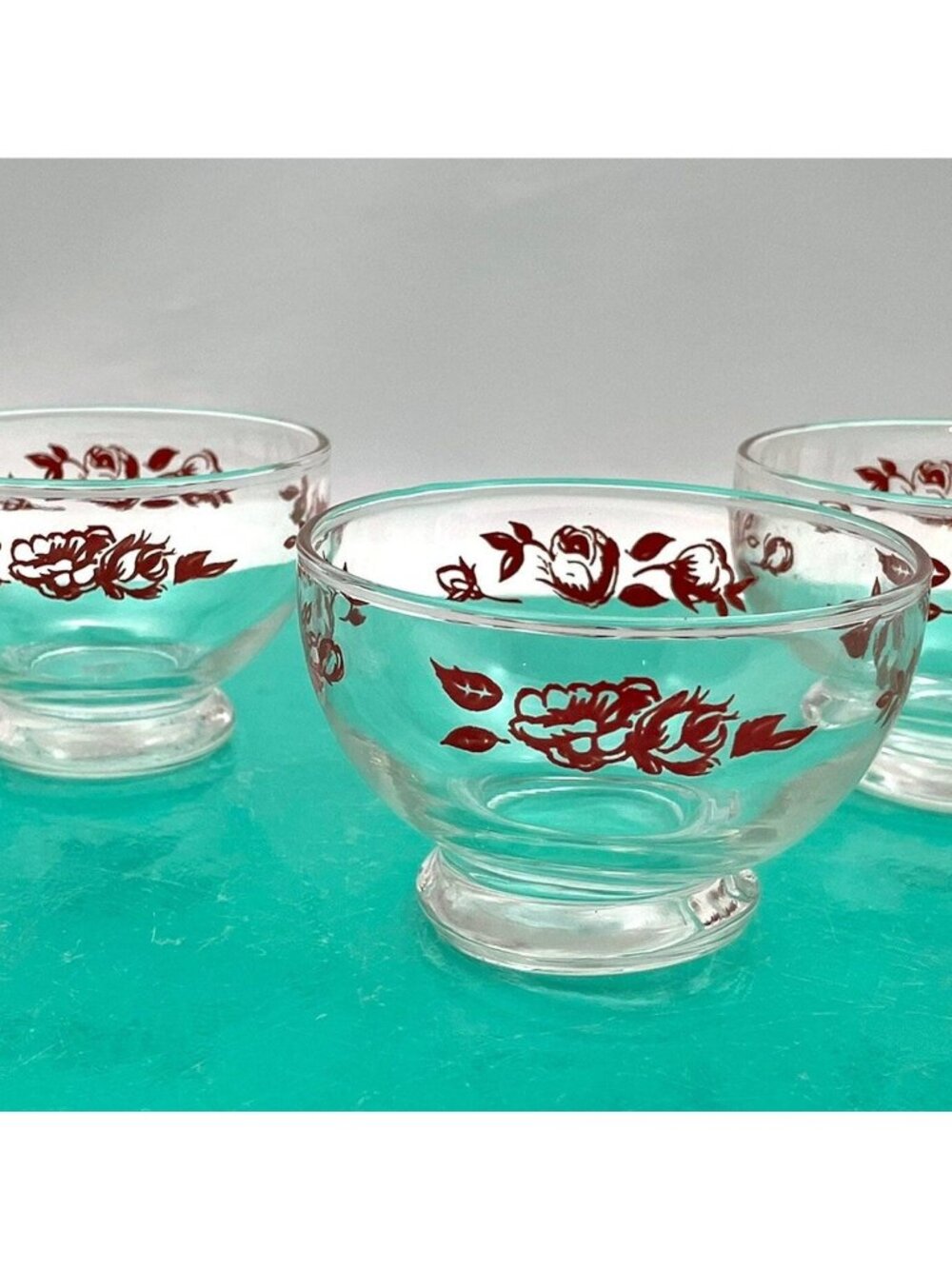 Set of 4 vintage bowls, Dominion glass, red roses pattern, small dessert bowls